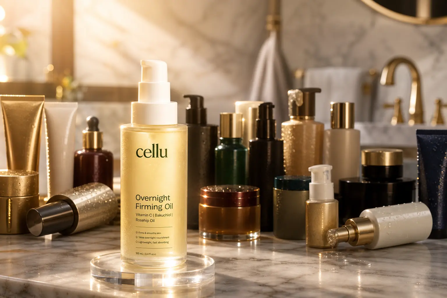 Cellu Overnight Firming Oil bottle on marble surface with botanical ingredients